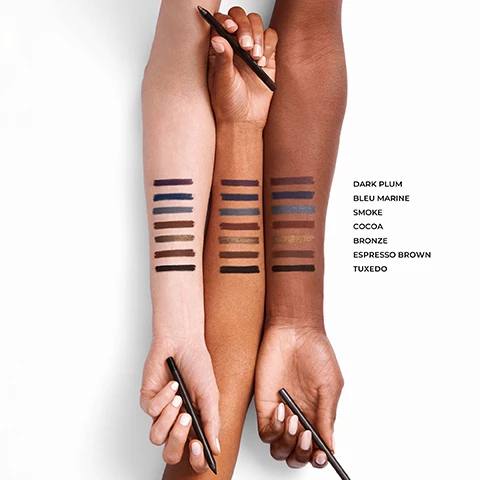 Image 1, swatches of dark plum, bleu marine, smoke, cocoa, bronze, espresso brown, tuxedo on three different skin tones. image 2, 89% of users said it easily glides onto the lash line. 88% of users said it does not tug my eye lid. 85% of users said it is rich and creamy. based on an independent US consumer study on 34 participants. image 3, new caviar tightline eyeliner. 16 hour crease proof wear. water, sweat and transfer proof. non tugging creamy application