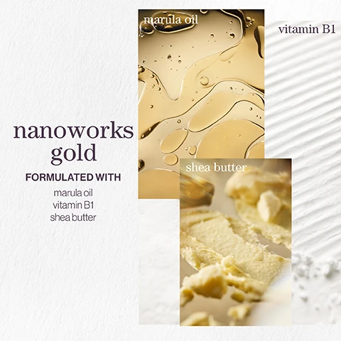 Image 1 - An image displaying three ingredients for a product titled nanoworks gold, featuring textures of marula oil and shea butter, with the text formulated with marula oil, vitamin B1, and shea butter.
Image 2 - Image features a customer review with five stars, describing a hair product as amazing for leaving dehydrated hair feeling silky smooth, with text below stating Lookfantastic verified customer review.
Image 3 - An image features a soft-focus background with bubbles and water, displaying text that reads pro favourite The luxurious formula is full of powerful antioxidants and proteins to keep your hair feeling soft, supple and moisturised. NEIL MOODIE PUREOLOGY UKI AMBASSADOR.
Image 4 - Image features three close-up images of a dewy pear, vanilla pods, and a ylang ylang flower arranged in a collage, with the text nanoworks gold and LONG DAYS, COOL NIGHTS WITH NOTES OF dewy pear ylang ylang vanilla.
Image 5 - Image shows three icons with text promoting product features: first icon features a leaf with text vegan formulas* sulfate-free for a gentle cleanse, second icon depicts two bottles with arrows and text recycled bottles made from post-consumer recycled materials**, third icon has a water droplet with text up to 300+ washes in one bottle***. All formulas are highly concentrated meaning less water needed.