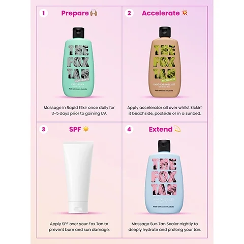 1 = prepare, massage in rapid elixir once daily for 3-5 days prior to gaining UV. 2 = accelerate, apply accelerator all over whilst kickin it beachside, poolside or in a sunbed. 3 = SPF, apply SPF over your fox tan to prevent burn and sun damage. 4 = extend, massage sun tan sealer nightly to deeply hydrate and prolong your tan.