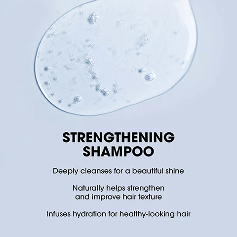 Image 1 - A semi-transparent, light blue liquid with bubbles is shown, accompanied by text that reads STRENGTHENING SHAMPOO followed by three points: Deeply cleanses for a beautiful shine, Naturally helps strengthen and improve hair texture, and Infuses hydration for healthy-looking hair.
Image 2 - A close-up image of smooth, shiny brown hair with overlay text that asks how to make hair look thicker and smoother and provides an answer about Biotin & Collagen Shampoo and Conditioner benefits.