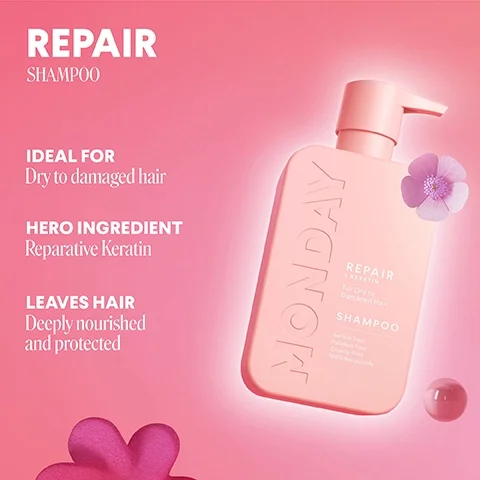 repair shampoo. ideal for dry to damaged hair. hero ingredient - reparative keratin. leaves hair deeply nourished and protected.