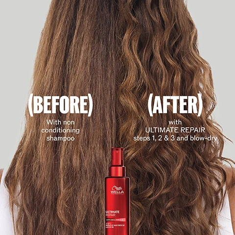 Image 1 - The image displays a before and after comparison of hair treatment, with the left side showing dull, frizzy hair labeled (BEFORE) With non conditioning shampoo, and the right side showing shiny, wavy hair labeled (AFTER) with ULTIMATE REPAIR steps 1, 2 & 3 and blow-dry, with a red Wella Professionals Ultimate Repair With AHA & Omega-9 Step 3 Miracle Hair Rescue Leave-In bottle prominently displayed at the bottom. Image 2 - A graphic showing a translucent white drop containing a small red drop labeled AHA and a larger red drop labeled Omega-9, with text that reads PATENTED TECHNOLOGY REBUILD BONDS INSIDE WITH AHA REPLENISH HAIR OUTSIDE WITH OMEGA-9. Image 3 - The image displays two red Wella Professionals Ultimate Repair shampoo bottles, an old design on the left and a new design with a flip-top on the right, accompanied by the text NEW DESIGN SAME GREAT FORMULA Now with flip top cup allowing product use with just one hand, with the left bottles label reading Wella Professionals Ultimate Repair Shampoo with AHA & Omega-9 repairs, strengthens & moisturizes all hair types 250 mL 8.4 FL OZ, and the right bottles label reading Wella Professionals Ultimate Repair with AHA & Omega-9 Step 1 Shampoo 250 ML 8.4 FL OZ. Image 4 - A side-by-side image shows a persons dark, curly hair, with the left side appearing frizzy and undefined labeled BEFORE With non conditioning shampoo, and the right side appearing smoother and more defined labeled AFTER with ULTIMATE REPAIR steps 1, 2 & 3 and blow-dry, while a red Wella Professionals Ultimate Repair bottle is centered at the bottom displaying the text WELLA PROFESSIONALS ULTIMATE REPAIR WITH AHA & OMEGA-9 STEP 3 MIRACLE HAIR RESCUE LEAVE-IN.