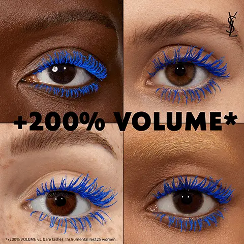 Image 1, +200% volume, Image 2, iris extract active from ourika community garden. Image 3, double conical brush for massive impact