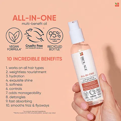Image 1, ALL-IN-ONE
multi-benefit oil 95% except cap, label VEGAN FORMULA Cruelty Free RECYCLED INTERNATIONAL BOTTLE