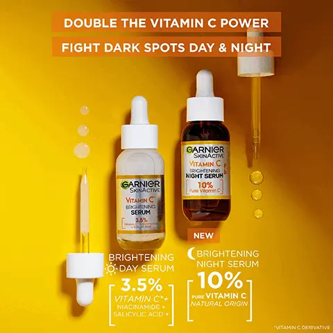 Image 1, double the vitamin power fight dark spots day and night, 3.5% vitamin C niacinamide and salicylic acid, 10% pure vitamin C natural origin. Image 2, visibly reduces dark spots 8/10 agree its the best serum they've ever used. Image 3, when to apply in the morning, how to apply massage onto clear skin and amount to apply 1 full dropper. Image 4, THE BRIGHTENING POWER OF 10% PURE VITAMIN C NIGHT SERUM Brighter, smoother & rested looking skin GARNIER SKINACTIVE VITAMIN C BRIGHTENING NIGHT SERUM' 10% Pure Vitamin C Skin tone appears more even and overall skin appearance improved Cruelty Free
INTERNATIONAL VEGAN FORMULA* no animal derived ingredients