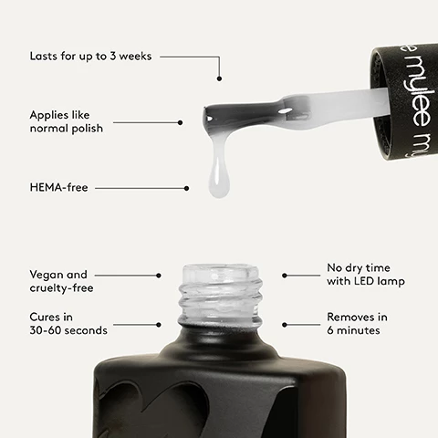 Image 1, lasts for up to 3 weeks. applies like normal polish. HEMA-free. vegan and cruelty free. cures in 30-60 seconds. no dry time with LED lamp. removes inn 6 minutes. image 2, Step-By-Step 30-60 secs 1. PREP Push back your cuticles & shape your nails with a file. Gently remove shine and oil from the nail plate with a buffing block, followed by a lint-free wipe soaked in Mylee Prep & Wipe. 2. BASE Apply a Mylee Base Coat & cure your nails for 30-60 seconds using the Mylee Pro LED Lamp. Remove any gel on your skin before curing. mylee BASE COAT GEL POLISH 3. COLOUR Take an oval brush (or a nail art brush if you're getting creative) and dip into your chosen Crème CaraGel, then apply onto your nails in smooth strokes. Cure for 30-60 secs with the lamp and repeat to build colour. 4. TOP COAT Apply a Mylee Top Coat and cure. If you've used a regular Top coat, remove the sticky layer by wiping the nails with a lint-free wipe soaked in Mylee Prep & Wipe. 5. FINISH Wash your hands, moisturise and rub in a little cuticle oil to finish!