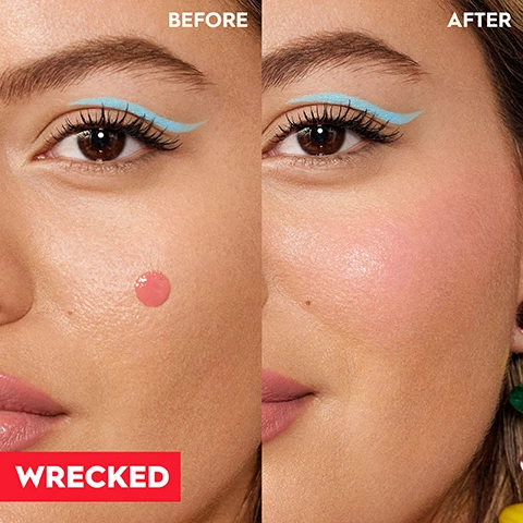 Image 1, before and after. image 2, wrecked moody mid tone mauve. image 3, all day wear. kombucha filtrate and marula oil to hydrate and protect. image 4, up to 24 hour hydration. 93% said skin looked glow. 95% said it gave a vibrant blush colour. instrumental test after application of product on 32 people. based on 138 person consumer study. swatches of rebellious, red flag, obsessed, unhinged, drippin' and wrecked on 4 different skin tones