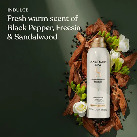 Image 1, INDULGE Fresh warm scent of Black Pepper, Freesia & Sandalwood SANCTUARY SPA Golden Sandalwood Natural Ols Mousse-to-of Moisturiser 7 DAY MOSTURE 200mi 6.56 oz 1869 Image 2, Made With COCONUT OIL COCOA BUTTER