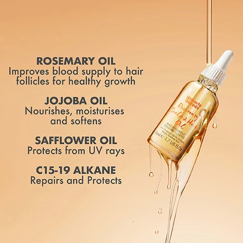 Image 1 - Image of a hair oil bottle against a golden background, with visible text listing ingredients and benefits: Rosemary Oil improves blood supply to hair follicles for healthy growth, Jojoba Oil nourishes, moisturises and softens, Safflower Oil protects from UV rays, C15-19 Alkane repairs and protects.
Image 2 - A person is holding a dropper filled with oil above a small glass bottle labeled Umberto Giannini Rosemary Scalp & Hair Oil, with five orange stars indicating a rating and text stating Perfect choice to give your hair its life back! I saw the effects of this hair and scalp oil even after second use. Semin V.