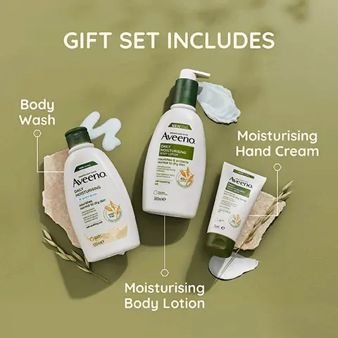 Image 1, gift set includes moisturising hand cream, moisturising lotion and body oil spray. Image 2, The perfect gift for sensitive skin