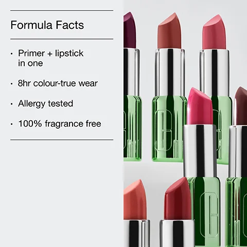 Formula Facts Primer + lipstick in one 8hr colour-true wear . . • Allergy tested 100% fragrance free