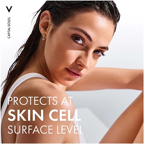 Image 1 - A woman with wet hair and a natural makeup look gazes toward the camera, showing her shoulder while the image includes the text PROTECTS AT SKIN CELL SURFACE LEVEL and CAPITAL SOLEIL.
Image 2 - A bottle of Vichy Capital Soleil sunscreen oil is prominently displayed, with the product name at the top and statistics about user satisfaction below it, indicating 100% agree skin feels smoother, 98% agree skin looks revitalised, and 98% agree skin looks radiant.
Image 3 - A close-up image of a spray bottle of Vichy Capital Soleil sunscreen featuring a bright orange design with yellow oil droplets around it and text that reads: CAPTIAL SOLEIL SPF 50+ INVISIBLE FINISH DRY TOUCH OIL TEXTURE CELL PROTECTION INVISIBLE.
Image 4 - A variety of Vichy Capital Soleil sun care products, including spray and lotion bottles, are arranged on a white background, with text that reads DERMATOLOGIST RECOMMENDED. HIGH PROTECTION SUNCARE.