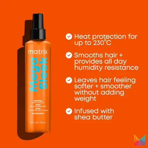 Heat protection for up to 230°C. Smooths hair + provides all day humidity resistance. Leaves hair feeling softer + smoother without adding weight. Infused with shea butter.