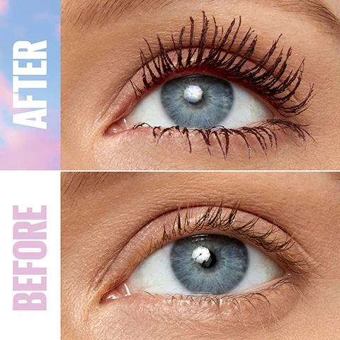 Image 1, before and after. image 2, limitless length and volunme. flex tower brush. light as air lash feel. image 3, very black, blue mist, pink air, burgundy haze. image 4, three new shades