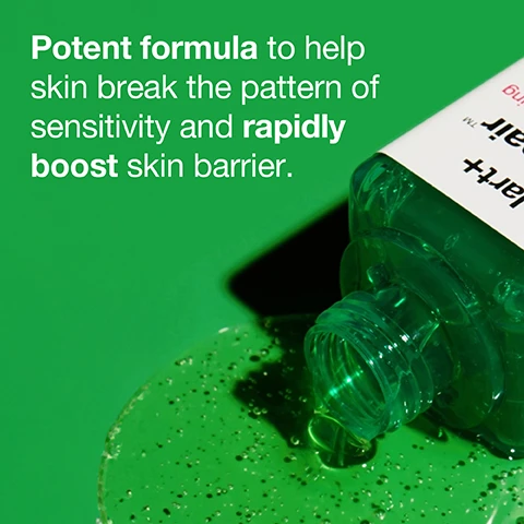 Image 1 - Image of a green bottle with a pump top, spilling a gel-like substance, against a bright green background with the text Potent formula to help skin break the pattern of sensitivity and rapidly boost skin barrier.
Image 2 - Close-up of green ampoules with labels detailing their benefits: R-Protector Peptide delivers intense soothing, Allantoin strengthens skins barrier, and Centella Asiatica Extracts soothe visible redness.
Image 3 - Image shows a skincare routine chart with two columns labeled AM and PM for a product line called Cicapair by Dr. Jart+, detailing four steps: Cleanse, Prep, Serum, Hydrate for the morning and Cleanse, Prep, Serum, Treat for the evening, along with an Extra Boost icon in the top left corner.