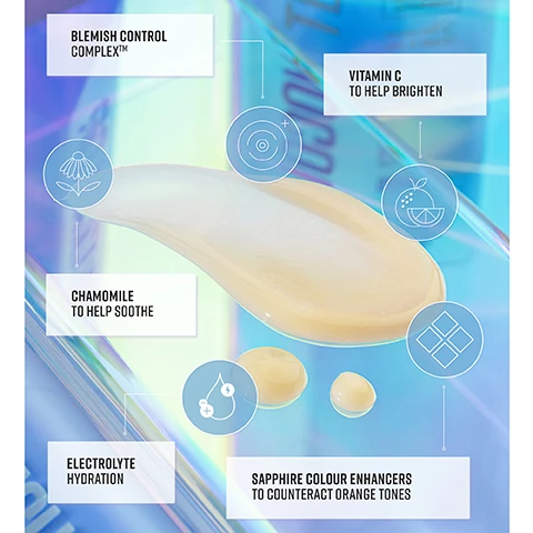 Image 1, blemish control complex. vitamin c to help brighten. chamomile to help soothe. electrolyte - hydration. emerald colour enhancers to counteract orange tones. image 2, 97% of participants agreed the product felt soothing on the skin. 91% of participants agreed the product reduced appearance of uneven skin. 97% of participants agreed the product enhanced their natural skin tone. 2023-2024 consumer study - self assessment of 32 female and male volunteers, between 18-45, that tested the product for 5 days.