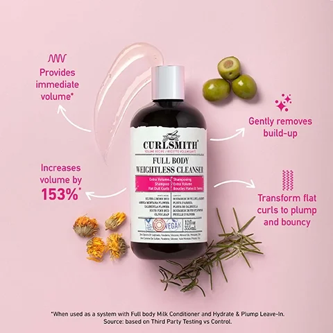 boosts volume. gives limp, dull curls immediate volume and manageability. long lasting volume for up to 72 hours. provides soft and defined curls. when used as a system with full body weightless cleanser and hydrate and plump leave in source = based on third party testing vs control