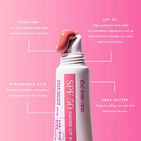 Image 3 - A cosmetic tube with a pink gradient background contains a swatch of tinted lip balm on its nozzle, labeled with descriptions of its ingredients: Squalane, Hyaluronic Acid, SPF 50, and Shea Butter, highlighting their benefits for skin hydration and protection.