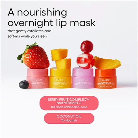 Image 1 - Four jars of Laneige lip sleeping mask in Berry Mango Sweet Candy and Peached Tea flavors are shown with fruit and candy, with text reading A nourishing overnight lip mask that gently exfoliates and softens while you sleep, BERRY FRUIT COMPLEX™ and VITAMIN C for antioxidant-rich care, and COCONUT OIL To Nourish. Image 2 - Four small jars of lip balm in yellow, purple, pink, and orange are displayed with mango pieces, candies, a strawberry, blueberries, and peach slices representing the flavors labeled Mango, Sweet Candy, Berry, and Peach, above which is the text GOODNIGHT, CHAPPED LIPS.