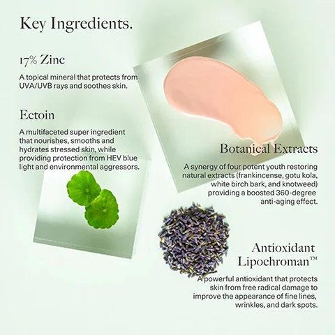 Image 1 - Image shows a layout of skincare product key ingredients, including labeled sections for 17% Zinc, Ectoin, Botanical Extracts, and Antioxidant Lipochroman™, with descriptions of their benefits.