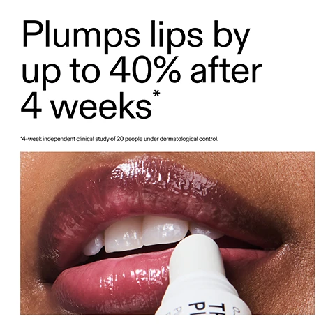 Image 1 - A close-up shows a persons lips, shiny with dark pink lip gloss, being applied with a white applicator, next to the text Plumps lips by up to 40% after 4 weeks* and the asterisk explanation *4-week independent clinical study of 20 people under dermatological control. Image 2 - A close-up of a persons glossy, dark lips applying a white lip balm with text reading Plumps lips by up to 40% after 4 weeks, 95% agree lips felt instantly nourished and hydrated after first use, and the balm itself labeled TRIPEPTIDE PLUMPING LIP BALM Plumps and instantly hydrates repulpe et hydrate instantanément, followed by disclaimers *4-week independent clinical study of 20 people under dermatological control. **4-week independent consumer trial of 20 people under dermatological control. Image 3 - A pink textured background with diagonal light and dark pink stripes and small droplets is displayed above the text Why we love it, followed by bullet points stating Plumps lips, without stinging or irritation; Silky, smooth and never sticky; Pocket-sized: swipe, plump and go. Image 4 - A swirl of pink gel-like liquid on a white background accompanies text that reads Why it works, 6% Tripeptide Complex VISIBLY INCREASES LIP VOLUME FOR PLUMPER-LOOKING, MORE DEFINED LIPS., and 2% Ultra Filling Spheres DELIVERS HA WITHIN THE LIP TO PLUMP, RETAIN MOISTURE AND FILL FINE LINES. Image 5 - A hand holds a white tube of Tripeptide Plumping Lip Balm with pink product visible at the tip, accompanied by instructions How to use USE AM + PM AS NEEDED. APPLY TO CLEAN DRY LIPS. USE AT LEAST X3 DAILY FOR 4 WEEKS FOR OPTIMAL RESULTS. TOP UP AS NEEDED - CONSISTENCY IS KEY. and tube details 0.33 US fl.oz / 10ml Plumps and instantly hydrates Repulpe et hydrate instantanément.