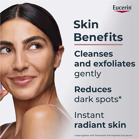 Image 1 - A smiling woman with long dark hair and a natural makeup look is shown, alongside text that states Skin Benefits Cleanses and exfoliates gently Reduces dark spots* Instant radiant skin.
Image 2 - A hand holds a pink bottle of Eucerin Anti-Pigment Cleansing Gel, with visible text detailing instructions: Cleanse daily, morning & evening. Apply on wet face. Rinse with water. Avoid eye contact.
Image 3 - A close-up portrait of a woman with long dark hair and a natural makeup look, promoting Eucerin products with the text Visible spot reduction and Results in 1 week, along with a note about clinical study details.
Image 4 - A smiling woman holds a bottle of Eucerin Anti-Pigment Cleansing Gel and has medium-length dark hair; the image includes the text Consumer Validated and 98% Confirm spot reduction success.
Image 5 - A close-up of a woman applying a cream to her face, with text stating Formula & Texture, Gentle for daily usage, For all skin types, and Suitable for sensitive skin.
Image 6 - Image showing a soft-focus background of bubbles, with text stating With exfoliating 2% AHA Complex Targets and corrects uneven skin tone Enhances skin radiance instantly Makes skin feel moisturised.
Image 7 - Image shows three sections featuring skincare ingredients: the first section displays liquid drops with the text Alpha Hydroxy Acids (AHA) and the description Corrects uneven skin tone and instantly boosts radiance; the second section features a white liquid with the text Lactic Acid and the description Exfoliates and hydrates for radiant skin; the third section shows a textured surface with the text Glycolic Acid and the description Exfoliates, brightens, and smooths skin.
Image 8 - Image shows three Eucerin skincare products arranged from left to right: Anti-Pigment Cleansing Gel, Anti-Pigment Dual Serum, and Anti-Pigment Day Care SPF 30, each labeled with their names and descriptions.
