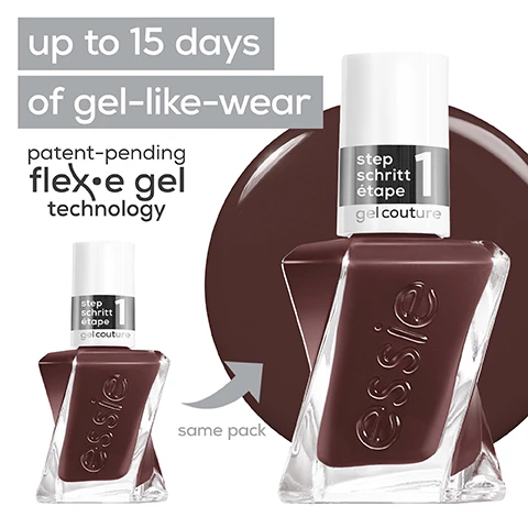 Image 1 - A bottle of Essie nail polish with a geometric design appears next to a small circle of matching dark brown polish, showcasing text that reads up to 15 days of gel-like-wear, patent-pending flexe gel technology, and step 1 gel couture.
Image 2 - A hand displaying neatly manicured nails painted in a dark brown shade holds a bottle of Essie nail polish, with visible text reading glass-like shine, triple shine complex, and gel by essie.
Image 3 - Image features two bottles of Essie nail polish side by side, with the left labeled step 1 featuring a dark brown color and the right labeled step 2 featuring a white top coat, with the header text 2 easy steps above them.
Image 4 - Two circular labels on a gray background, one stating vegan formula with the text no animal-derived ingredients or by-products, and the other stating committed to no animal testing.