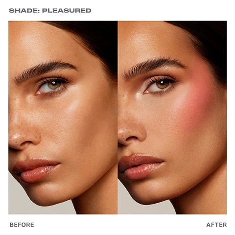 image 1, before and after. image 2, primer swirled blush = primes, hydrates and blurs skin. longwearing colour = healthy flush with a supple matte finish. unique texture = melts on contact for a naturally diffused effect. image 3, all day hydration. vitamin e, bamboo extract, vegetable collagen, hyaluronic filling spheres.