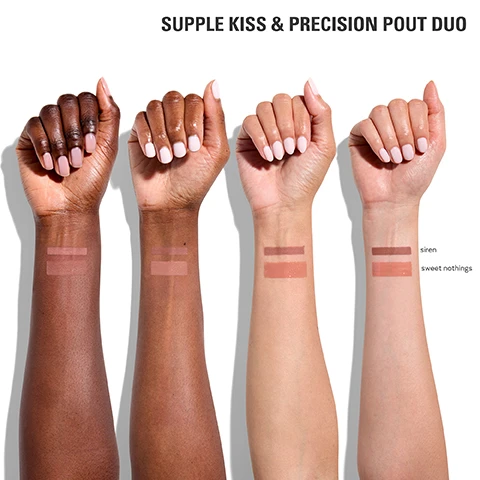 image 1, supple kiss and precision pout duo, siren and sweet nothings on 4 different skin tones. image 2, siren precision lip liner and sweet nothing supple kiss lip glaze.