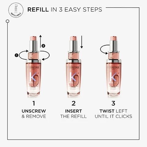 refill in 3 easy steps. 1 = unscrew and remove. 2 = insert the refill. 3 = twist left until it clicks.