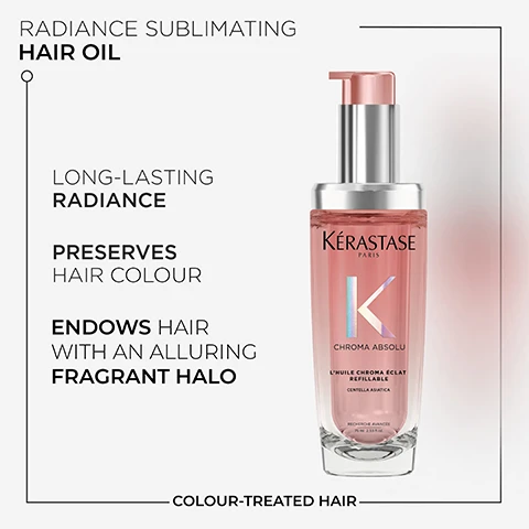 Image 1 - A pink bottle of Kérastase Chroma Absolu hair oil with a silver pump and cap is displayed on a white background, alongside text detailing its benefits. The text reads: RADIANCE SUBLIMATING HAIR OIL, LONG-LASTING RADIANCE, PRESERVES HAIR COLOUR, ENDOWS HAIR WITH AN ALLURING FRAGRANT HALO, COLOUR-TREATED HAIR. The bottle label reads: KÉRASTASE PARIS, K, CHROMA ABSOLU, LHUILE CHROMA ECLAT REFILLABLE, CENTELLA ASIATICA, RECHERCHE AVANCEE, 75 ml 2.53 fl.oz. Image 2 - A pink Kerastase Chroma Absolu hair oil bottle with a silver pump is displayed alongside usage instructions that read HOW TO USE APPLY 1 OR 2 DROPS ON WET OR DRY HAIR, AS A LEAVE-IN TREATMENT. START FROM MID-LENGTH AND WORK TO ENDS. STYLE AS DESIRED. CAN BE USED AS A POST-BLOW DRY OIL AND FOR FINISHING &TOUCH-UPS DURING THE DAY. The bottle itself shows text including Kerastase PARIS, K, CHROMA ABSOLU, LHUILE CHROMA ÉCLAT REFILLABLE, CENTELLA ASIATICA, RECHERCHE AVANCÉE, 75 ML 2.53 FL.OZ. Image 3 - A three-panel diagram illustrates how to refill a pink Kérastase product bottle by unscrewing the top, inserting a refill, and twisting it to lock, with the visible text Refill in 3 Easy Steps, Refillable, 1 Unscrew & Remove, 2 Insert the Refill, 3 Twist Left Until It Clicks.