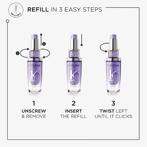 Image 1, refill in 3 easy steps. 1 = unscrew and remove. 2 = insert the refill. 3 = twist left until it clicks. Image 2, HYDRATING HAIR OIL PROVIDES NOURISHMENT STRENGTHENS HAIR FIBRE KÉRASTASE HELPS REPAIR SENSITISED POST-BLEACH HAIR PARIS K HEAT PROTECTION BLOND ABSOLU L'HUILE CICAGLOSS REFILLABLE SENSITISED LIGHTENED OR HIGHLIGHTED BLONDE HAIR Image 3, HOW TO USE APPLY 1 OR 2 DROPS ON WET OR DRY HAIR, AS A LEAVE-IN TREATMENT. START FROM MID-LENGTH AND WORK TO ENDS. KÉRASTASE PARIS K BLOND ABSOLU STYLE AS DESIRED. CAN BE USED AS A POST-BLOW DRY OIL AND FOR FINISHING &TOUCH-UPS DURING THE DAY L'HUILE CICAGLOSS REFILLABLE EXTRAIT D'EDELWEISS RECHERCHE AVANC