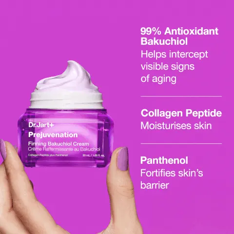 99% Antioxidant Bakuchiol Helps intercept visible signs of aging. Collagen Peptide Moisturises skin. Panthenol Fortifies skin's barrier. Before. After 8 weeks. 7 helps target early signs of aging. Reduce look of lines. Smooth. Even skin tone. Hydrate.