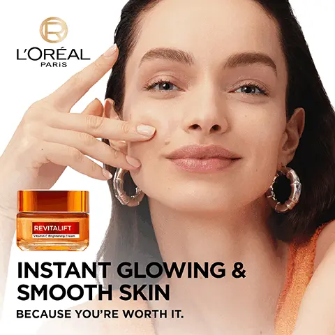 L'oreal paris instant glowing & smooth skin because you're worth it. Powered by vitamin c, brightens & evens skin. Salycilic acid smoothes texture & pores. Light-refelcting pigments instant healthy glow. Healthy glowy skin. Instantly brighter, smoother. 24h hydration. Clinical scorage, 59 women, consumer self-assessment 59 women. Ultra fresh melting texture. Non oily. Non greasy. Non sticky. Dermatologically tested. Sensitive skin tested. Made for all skin types. Your brightening vitamin c day routine. Step 1, cleanser prepare. Step 2, serum correct. Step 3, day cream hydrate. Step 4, UV fluid protect.