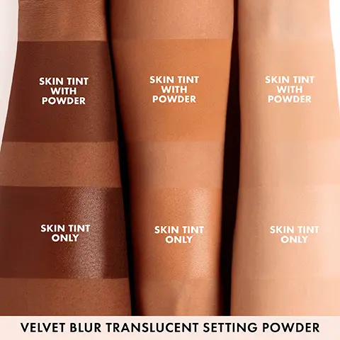 Skin tint with powder. Skint int only. Velvet blur translucent setting powder. Velvet blur translucent setting powder universally flattering on all skin tones. Before. After. How to use Velvet Blur Translucent Setting Powder. Apply super smoother blurring skin tint. Blend, blend, blend! Set your base with velvet blur translucent setting powder. Seamlessly blurred pores without drying, creasing or caking. Beautifully blurred base.