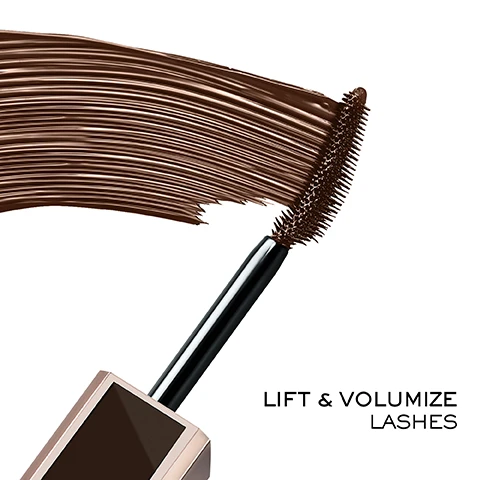 Image 1, lift and volume lashes. image 2, curved wand with 360 degree bristles. inside curve builds volume. outside curve lengthens and fans out lashes.
