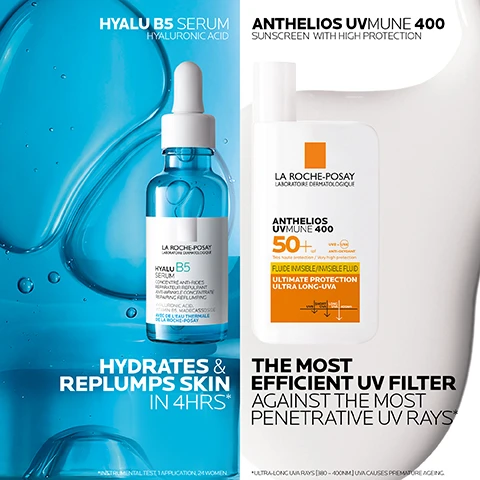 Image 1, hyalu B5 serum - hydrates and replumps skin in 4 hours. anthelios UV mune 400 sunscreen protection. the most efficient UV filter against the most penetrative UV rays. image 2, 1 = hyalu B5 seurm. 2 = anthelios UV mune 400. image 3, 1 = apply 2-3 drops to face and neck. 2 = apply a teaspoon of sunscreen to face and neck reapply every 2 hours. image 4, number dermatologist recommended brand in the UK.