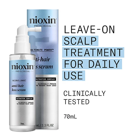 Image 2 - Two Nioxin Pro Clinical anti-hair loss serum bottles, one with a white pump, are shown alongside text that reads: Nioxin PRO CLINICAL ULTIMATE POWER™ anti-hair loss serum NUTRACTIVE COMPLEX™ CLINICALLY PROVEN TO REDUCE HAIR LOSS 70mL 2.3 FL OZ LEAVE-ON SCALP TREATMENT FOR DAILY USE CLINICALLY TESTED 70mL. Image 3 - A Nioxin Pro Clinical anti-hair loss serum bottle with a white pump applicator is displayed on a white background alongside the text Clinically Tested, Less Hair In The Brush. The bottle label also shows Nioxin Pro Clinical, Ultimate Power, anti-hair loss serum, Nutractive Complex, Clinically Proven To Reduce Hair Loss, 70mL. Image 4 - A woman with long wavy blonde hair holds a silver and blue Nioxin anti-hair loss serum bottle to her face, accompanied by text that reads FOR HEALTHY LOOKING HAIR, DERMATOLOGICALLY TESTED, IMPROVES HAIR ANCHORAGE, HAIR FALL DEFENCE, and THICKENS HAIR FROM FIRST USE, while the bottle displays Nioxin PRO CLINICAL ULTIMATE POWER anti-hair loss serum, NUTRACTIVE COMPLEX, CLINICALLY PROVEN TO REDUCE HAIR LOSS, and 70ml. Image 5 - A woman applies an anti-hair loss product labeled 75ML from a pump bottle to her scalp, alongside instructions that read HOW TO USE 1 Apply up to 15 pumps to the scalp with dry or damp hair 2 Massage evenly across the scalp 3 Do not rinse Use daily for visibly thicker, fuller hair. Image 6 - An infographic displays four hair care ingredients and their benefits: first, a light blue liquid with bubbles for Niacinamide, A form of vitamin B3, Niacinamide helps nourish the hair root and can have a positive impact on the scalp environment; second, a golden yellow liquid for Lauric Acid, Penetrates the hair roots and provides nourishment to support hair strands; third, roasted coffee beans for Caffeine, Supports hair follicles and maintains the skin barrier; and fourth, dark wood chips for Sandalore, Supports hair follicles to help improve hair anchorage. Image 7 - A light blue and purple gradient background displays white text that reads Nioxin PRO CLINICAL NIOXIN GROWS RESULTS™ Only Nioxin’s Advanced Scalp Science Can Support Stronger Hair From the Root for Results You Can See and Feel. Image 8 - The image displays a packaging update for Nioxin anti-hair loss serum, showing an old bottle marked Nioxin Intensive Treatment Anti-Hairloss Serum with Sandalore and a new bottle and box marked Nioxin Pro Clinical Ultimate Power anti-hair loss serum with Nutractive Complex and Clinically proven to reduce hair loss, both in 70ml/mL size, accompanied by the prominent text NEW LOOK same great formula.