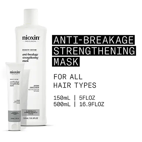 Image 1, nioxin mad nioxin -PROCLINICAL DENSITY DEFEND anti-breakage strengthening mask осмосте INTENSE CLINICALLY. DERMATOLOGICALLY 500eL116.9FL02 ANTI-BREAKAGE STRENGTHENING MASK FOR ALL HAIR TYPES 150mL 5FLOZ 500mL 16.9FLOZ Image 2, UP TO 97% REDUCTION IN HAIR BREAKAGE* nioxin -PRO CLINICAL DENSITY DEFEND anti-breakage strengthening mask *Based on hair length of 12 inch/30cm, measured by weight of broken hair vs. non-conditonin shampoo. INTENSE CONDITIONING INTENSE REVITALISATION CLINICALLY POLY TESTED 150mL/5FLOZ Image 3, FOR ALL HAIR TYPES LEAVES HAIR CONDITIONED AND SMOOTH HELPS TO PROTECT AND STRENGTHEN THE HAIR REDUCES SIGNIFICANT HAIR BREAKAGE PROTECTS HAIR DENSITY Image 4, nioxir enti breakage strengthening murk HOW TO USE 150SFLO 1 After shampooing, work evenly through hair Leave on for 2 3-5 minutes 3 Rinse well Image 5, ORANGE EXTRACT Rich in vitamin C and antioxidants, orange extract can protect hair and scalp from damage LEMON PEEL EXTRACT Provides benefits like gentle cleansing, shine enhancement, and oiliness regulation HYDROLYZED SILK Improves the texture and manageability of hair by providing moisture and smoothness Image 6, nioxin PRO CLINICAL — NIOXIN GROWS RESULTSTM Only Nioxin's Advanced Scalp Science Can Target Hair Thinning and hair Loss for Proven Results You Can See and Feel. Image 7, NEW LOOK same great formula NIOXIN 30 INTENSIVE ОСЕР РИОТЕСТ DENSITY MASK nioxin -PROCLINICAL anti-breakage strengthening mask 150LI5FLOZ Old New