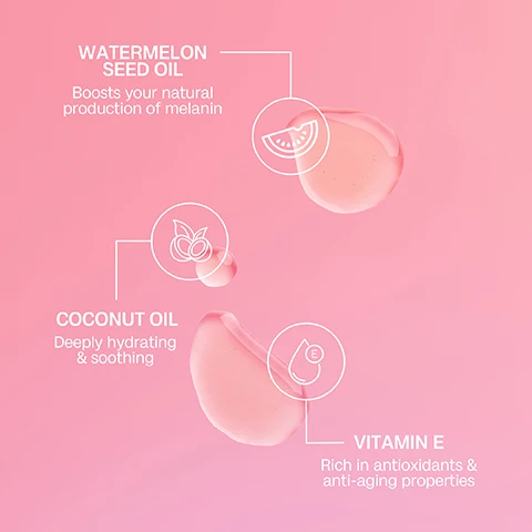 image 1, watermelon seed oil - boosts your natural production of melanin. coconut = deeply hydrating and soothing. vitamin e = rich in antioxidants and anti aging properties. image 2, for the deepest sunkissed glow. naturally boosts melanin production. leaves skin nourished and deeply hydrated. achieves a sunkissed glow with SPF15 sun protection. image 3, how to use. step 1 = apply generously at least 20 minutes before sun exposure. step 2 = layer with SPF50 for added sun protection. step 3 = reapply every 1-2 hours especially after swimming.