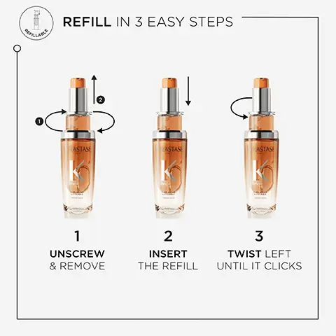 Refillable. Refill in 3 easy steps. 1, unscrew & remove, 2, insert the refill. 3, twist left until it clicks. Control-in-motion hair oil. Less frizz. More manageability, more smoothness, heat protection. Voluminous & unruly hair. How to use. Apply 1 or 2 drops on wet or dry hair, as a leave in treatment. Start from mid-length and work to ends. Style as desired. Can be used as a post-blow dry oil and for finishing & touch ups during the day.