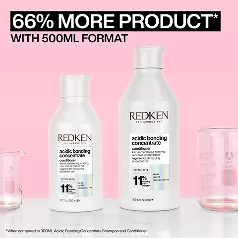 image 1, 66% more product with 500ml format, when compared to 300ml acidic bonding concentrate shampoo and conditioner. image 2, silky finish and glossy shine. 56% less breakage. 11 times smoother. image 3, 56% less breakage. 90% more conditioned. 11 times smoother. image 4, combats 1 year of visible damage in one use. 78% less visible split ends. heat protection up to 230 degrees. image 6, citric acid and bonding care complex. helps repair bonds and prevent future damage. image 7 and 8, before and after one use. image 9, review from someone who received the product to try from marie claire beauty drawer august 2022 - best i've ever used and i'm a hairdresser. image 10, review from someone who received the product to try from marie claire beauty drawer august 2022 - mthe best leave in treatment i have ever used, my hair looks better and better after each use. image 11, pro tip - apply a 50 pence piece to your hands and start working into the hair from the ends up to the mid-lengths. do not apply directly to the root as this is the healthier part of the hair. image 12, reinforce weak bonds. damaged bond vs repaired bond. image 13, loved by pros. lorna valente hairstylist at percy and reed salon said - works like magic. the leave in treatment will protect and nourish your hand without it feeling heavy or greasy - products against heat too. image 14, damage repair for chemically treated hair. 1 = shampoo, 2 = condition, 3 = protect and leave in.