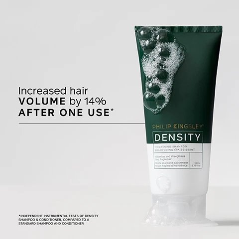 Image 1 - A white and dark green tube of shampoo with white foam on top and at the base is shown on a light background, with text reading Increased hair VOLUME by 14% AFTER ONE USE*, PHILIP KINGSLEY, DENSITY, THICKENING SHAMPOO, SHAMPOOING ÉPAISSISSANT, Volumises and strengthens fine, fragile hair, Donne du volume aux cheveux fins et fragiles et les renforce, 200ml, 6.76 fl oz, and the disclaimer *INDEPENDENT INSTRUMENTAL TESTS OF DENSITY SHAMPOO & CONDITIONER, COMPARED TO A STANDARD SHAMPOO AND CONDITIONER. Image 2 - A dark green Philip Kingsley Density Thickening Shampoo bottle stands on a white pedestal against a dark green background, with text that reads My hair feels THICK, FULLER and more VOLUMISED. Its a very noticeable difference. I noticed this difference after the 1st wash.* Increased hair volume by 14% AFTER ONE USE** Philip Kingsley Density Thickening Shampoo Shampooing Épaississant Volumises and strengthens fine, fragile hair Donne du volume aux cheveux fins et fragiles et les renforce 200ml e 6.76 fl.oz *USER TRIAL PANEL COMMENT **INDEPENDENT INSTRUMENTAL TESTS OF DENSITY SHAMPOO & CONDITIONER, COMPARED TO A STANDARD SHAMPOO AND CONDITIONER. Image 3 - An image with a light gray background displays a list titled KEY BENEFITS, followed by four bullet points with check marks: Improves the health, condition and quality of fine, fragile hair; Strengthens strands from deep within the cortex; Thickens the appearance of strands; Creates lasting volume. Image 4 - The image displays four dark green Philip Kingsley Density hair products arranged as a four-step routine, featuring the text DENSITY: FOR FULLER, THICKER HAIR, and then Step 1 Cleanse Philip Kingsley Density Thickening Shampoo, Step 2 Condition Philip Kingsley Density Thickening Conditioner, Step 3 Preserve Philip Kingsley Density Preserving Scalp Drops, and Step 4 Protect Philip Kingsley Density Thickening Protein Spray.