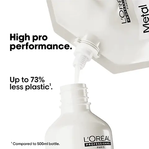 Image 1 - A close-up image of a LOréal Professionnel bottle, designed for haircare, being filled from a larger pouch, with text that reads High pro performance and Up to 73% less plastic.
Image 2 - Image of a packaging for LOreal Metal Detox hair care product, featuring a 500ml pouch and a 500ml bottle, with the text Your 6-month pack and additional information about usage.
Image 3 - A close-up image of a creamy hair product with bubbles, accompanied by the text Prevent hair breakage & colour fade Up to 87% less hair breakage in 1 use! Up to 2x shinier hair!.
Image 4 - Image shows four hair transformations split into two groups labeled Before and After, featuring two different hairstyles including straight, shiny hair and curly hair, with a display of hair care products below. Visible text includes The full Metal Detox routine for all damaged hair and Not retouched.
Image 5 - Image depicts a step-by-step guide to refilling shampoo, with three numbered instructions: 01 Take your empty shampoo bottle. Do not rinse it. Unscrew the bottle & refill caps. 02 Take the refill pouch and pour it up slowly inside the bottle. 03 Screw the cap and use your shampoo as usual. Refill the bottle maximum 3 times.
Image 6 - The image features a pouch of LOréal Metal Detox shampoo with a pump bottle and two smaller bottles next to it, accompanied by text that reads Refill your bottles and details about the pouchs capacity equating to either one 500ml bottle or one and a half 300ml bottles.
Image 7 - Four-step image sequence showing the process of using LOreal Metal Detox products, including a small bottle and larger pouch for pouring, with step illustrations indicating actions such as twisting the top, pouring, and securing the lid; text includes Metal Detox and SACRE EXPERT.
Image 8 - Image shows a collection of hair care product bottles and pouches arranged in a row, with text that reads New refills. Available for all top sellers.