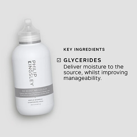 Image 1 - A white shampoo bottle labeled PHILIP KINGSLEY NO SCENT NO COLOUR GENTLE SHAMPOO with a checkmark next to GLYCERIDES and the text Deliver moisture to the source, whilst improving manageability.
Image 2 - Image shows a tube of Philip Kingsley No Scent No Colour Gentle Conditioner with bubbles around it, along with statistics indicating that 89% reported it did not irritate the scalp, 88% reported hair felt gently nourished, and 87% reported it was suitable for their sensitive scalp.
Image 3 - A person is holding a tube of Philip Kingsley No Scent No Colour Gentle Conditioner, with visible text detailing key benefits such as fragrance-free, paraben-free, hypoallergenic, and suitable for sensitive scalps.
Image 4 - An image of a tube of Philip Kingsley conditioner with key ingredients listed, including Hydrolyzed Elastin and Amino Silicone, along with their benefits for hair.
Image 5 - A persons hand is shown holding a bottle of Philip Kingsley Gentle Conditioner, with a portion of the conditioner being dispensed into the palm, and text next to the image reads TRICHOLOGIST TIP: After shampooing, gently work into the mid-lengths and ends of the hair, avoiding the roots. Rinse well.
Image 6 - A shampoo bottle from Philip Kingsley with bubbles on top displays three percentage statements: 92% reported it DID NOT IRRITATE the scalp*, 90% reported it was SUITABLE for a SENSITIVE SCALP*, and 85% reported hair felt GENTLY CLEANSED* with a note that says *INDEPENDENT USER TRIALS.
Image 7 - A hand holds a shampoo bottle labeled PHILIP KINGSLEY NO SCENT NO COLOUR with a gray background, and the text lists key benefits including fragrance, color and paraben-free, ideal for a sensitive, delicate or easily irritated scalp, hypoallergenic, extra gentle cleansing, and gentle enough for daily use.
