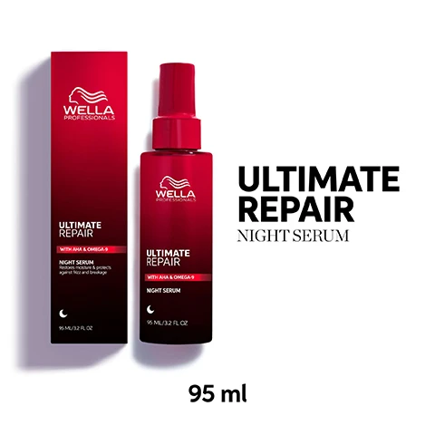 Image 1 - A red Wella Professionals Ultimate Repair Night Serum box and spray bottle are displayed, showing text on the box including Wella Professionals, Ultimate Repair, With AHA & OMEGA-9, Night Serum, Restores moisture & protects against frizz and breakage, and 95 ML / 3.2 FL OZ, with the bottle displaying similar text, and large text to the right of the bottle stating ULTIMATE REPAIR NIGHT SERUM, plus 95 ml at the bottom of the image. Image 2 - A woman with long wavy brown hair wearing a red silk shirt sits on a white bed with the text Repair & Protect Your Hair Overnight and 8hr Prolonged Effect displayed on the right. Image 3 - The image shows two red liquid spheres, one smaller labeled AHA and a larger one labeled OMEGA-9, against a light translucent background with the text PATENTED TECHNOLOGY REBUILD BONDS INSIDE WITH AHA REPLENISH HAIR OUTSIDE WITH OMEGA-9. Image 4 - A split image of a persons back, comparing their long brown hair: the left side, labeled WITHOUT, shows frizzy, dull hair, while the right side, labeled WITH ULTIMATE REPAIR Night Serum, shows smooth, shiny hair. Image 5 - A persons hands with red nail polish dispense white lotion from a red pump bottle into their palm, alongside three numbered steps that read 01. Apply 1-3 pumps at bedtime 02. Distribute from length to ends 03. No need to rinse in the morning. Image 6 - A white liquid drop contains a smaller red drop labeled AHA and a larger red drop labeled OMEGA-9, with the text PATENTED TECHNOLOGY displayed above. Image 7 - The image features the title YOUR DAY & NIGHT HAIRCARE ROUTINE above two red Wella Professionals hair serum bottles, the left bottle is labeled Ultimate Repair Miracle Hair Rescue with AHA & Omega-9 for day use and has a sun icon with the text DAY LONG LASTING INSIDE OUT REPAIR, while the right bottle is labeled Ultimate Repair with AHA & Omega-9 Night Serum for night use and has a crescent moon icon with the text NIGHT REPAIR & PROTECTION AGAINST NIGHT STRESSORS. Image 8 - A split image shows the back of a persons dark hair, with the left side appearing frizzy and dull under the text WITHOUT, and the right side appearing smooth and shiny under the text WITH ULTIMATE REPAIR Night Serum.