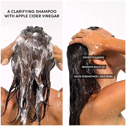 Image 1 - A person is lathering their hair with a clarifying shampoo featuring apple cider vinegar, while the right side lists the benefits: deeply cleanses, removes buildup, helps strengthen + add shine.
Image 2 - A bottle of OUAI Detox Shampoo with a golden liquid is shown, featuring labels highlighting key ingredients: Chelating Agents, Apple Cider Vinegar, and Hydrolyzed Keratin, with additional text stating All Hair Types and 10 fl oz / 300 ml.