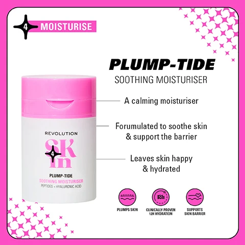 Image 1 - An image of a skincare product called Plump-Tide Soothing Moisturiser from Revolution, featuring a white container with a pink lid and text highlighting its benefits, including a calming moisturiser, formulation to soothe skin, and claims of plumping skin, clinically proven 12-hour hydration, and support for the skin barrier.
Image 2 - A collection of pink skincare products arranged on a bright green background includes a cleansing balm, toner, serum, and moisturizer, with text that reads GO GENTLE SOOTHING FORMULAS FOR BARRIER SUPPORT and 4 STEPS TO BARRIER SUPPORT CLINICALLY TESTED FOR SENSITIVE SKIN AM + PM.
Image 3 - Four skincare product collections are displayed on colorful backgrounds: Be Bright features orange products aimed at brighter skin, Happy Hydrate showcases blue products for hydration, Clearly Clarify highlights green products for blemish-prone skin, and Go Gentle presents pink products designed for barrier support, with each section including a description of its purpose and steps.