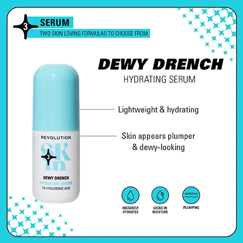 Image 1 - Image of a skincare product labeled Dewy Drench Hydrating Serum, featuring a light blue cap and text highlighting its benefits: lightweight and hydrating, with skin appearing plumper and dewy-looking, stating that it instantly hydrates, locks in moisture, and is plumping.
Image 2 - Image shows two skincare product bottles side by side; the left bottle is labeled HYDRATE with previous packaging, and the right bottle is labeled DEWY DRRENCH with new packaging, both from REVOLUTION SKIN, with the text WEVE HAD A GLOW UP! above and NEW LOOK. SAME INCREDIBLE FORMULA. below.
Image 3 - Image features four skincare product displays arranged in a grid: the top left labeled BE BRIGHT with orange bottles, HAPPY HYDRATE with blue bottles, the bottom left CLEARLY CLARIFY with green bottles, and the bottom right GO GENTLE with pink bottles, each accompanied by descriptions highlighting their benefits and a note about being dermatologist tested.