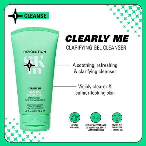 Image 1 - A green tube of Revolution Clearly Me Clarifying Gel Cleanser with visible text stating it is a soothing, refreshing, and clarifying cleanser, promising visibly clearer and calmer-looking skin, along with icons indicating gentle cleansing, reducing appearance of blemishes and imperfections, and drawing out impurities and excess oil.
Image 2 - Image of a green bottle of toner labeled PORE PLAYER CLARIFYING BHA TONER, with text indicating it is formulated for blemish-prone skin and contains 2% salicylic acid and aloe, along with icons highlighting benefits such as exfoliating, calming skin, reducing the appearance of pores, and balancing excess oil.
Image 3 - A green serum bottle labeled Serum Supreme Clarifying Serum from Revolution, highlighting its multifunctional benefits for tackling pores, excess oil, and smoothing uneven skin texture, with additional claims about oil balancing and improving skin clarity within two weeks.
Image 4 - A green and white container of Cloud Clear clarifying moisturizer with visible text stating it is a lightweight gel cream that hydrates and smooths for clearer looking skin, and icons indicating lightweight hydration, visibly clearer skin in just 2 weeks, and smooths and calms skin.
Image 5 - Side-by-side images of a womans face showing her skin before and after using a skincare routine for eight weeks, with visible text labels BEFORE and AFTER 8 WEEKS, and an image of skincare products labeled Clearly Clarify 4-Step Routine.
Image 6 - Image shows a split comparison of a womans face labeled Before on the left and After 4 Weeks on the right, demonstrating improved skin clarity, with visible text at the bottom stating Clearly Clarify 4-Step Routine alongside images of four green skincare products.